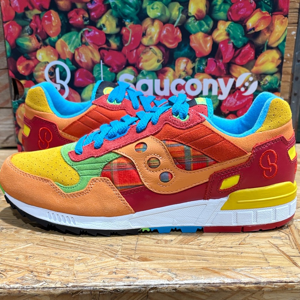 Saucony Colorful Plaid & Suede Runner in Orange, Red, Yellow & Blue